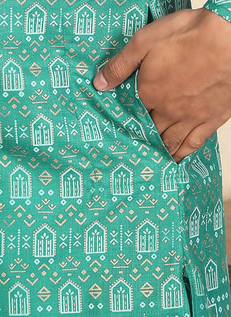 Cotton blend ethnic motifs printed teal green kurta with elasticated pyjamas
