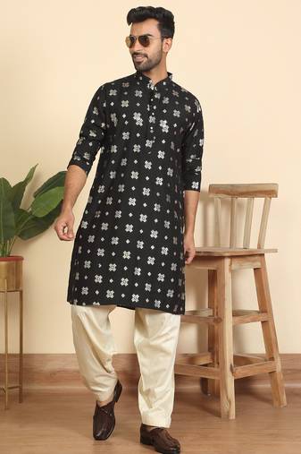 Cotton silk printed knee length black kurta with salwar