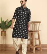 Cotton silk printed knee length black kurta with salwar