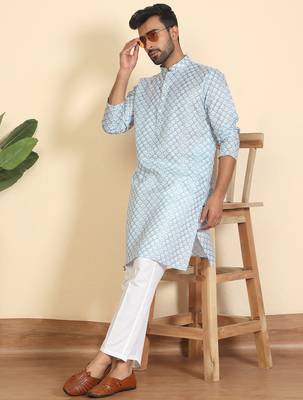 Cotton blend leaf printed knee length blue kurta with elasticated pyjamas 1