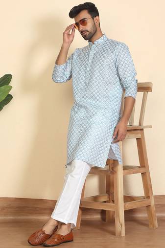 Cotton blend leaf printed knee length blue kurta with elasticated pyjamas
