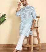 Cotton blend leaf printed knee length blue kurta with elasticated pyjamas
