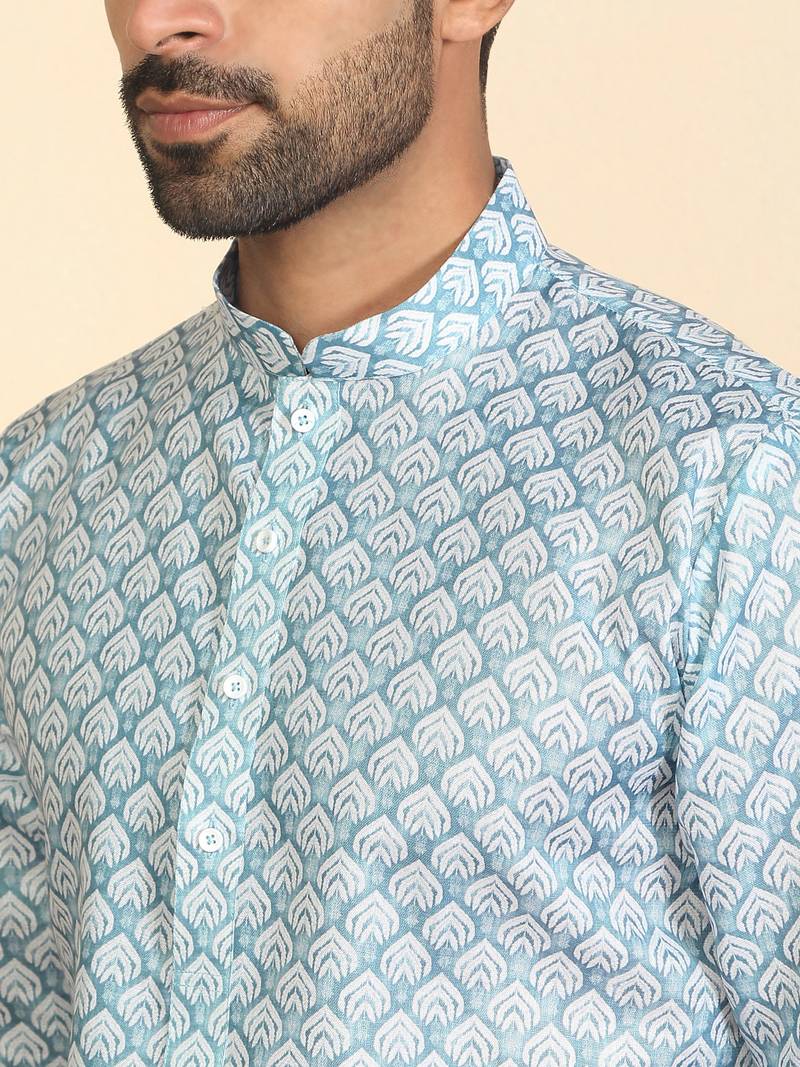 Cotton blend leaf printed knee length blue kurta with elasticated pyjamas