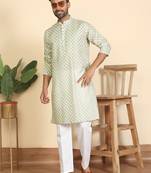 Cotton blend leaf printed knee length green kurta with elasticated pyjamas