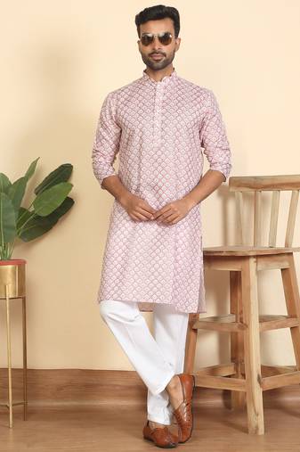 Cotton blend leaf printed knee length pink kurta with elasticated pyjamas