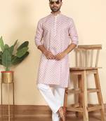 Cotton blend leaf printed knee length pink kurta with elasticated pyjamas