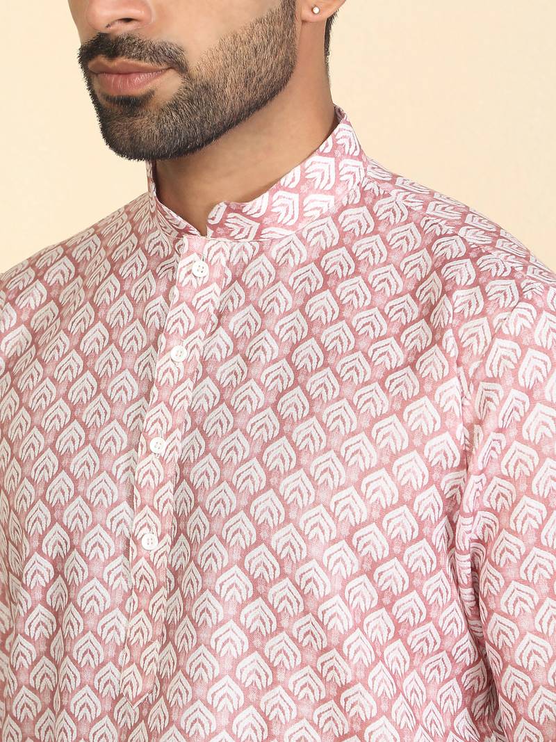 Cotton blend leaf printed knee length pink kurta with elasticated pyjamas