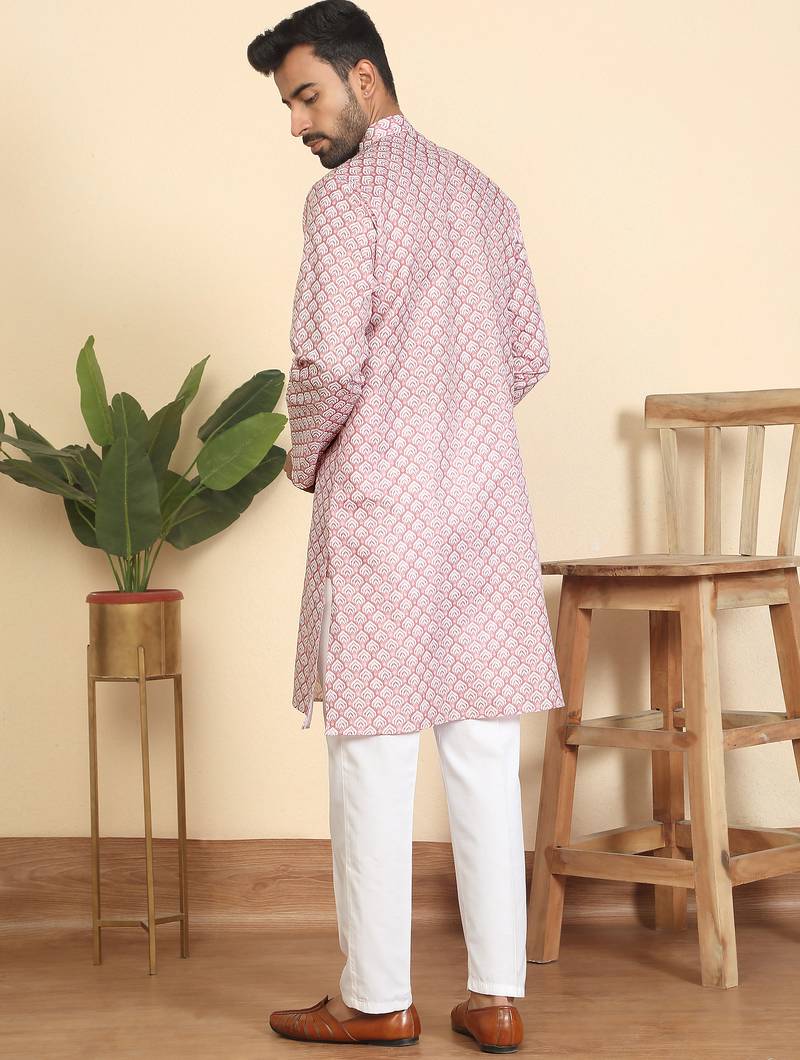 Cotton blend leaf printed knee length pink kurta with elasticated pyjamas