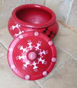 Red, Black and White Handmade Hand Painted Terra Cotta Utility Bowl + Lid with Warli design