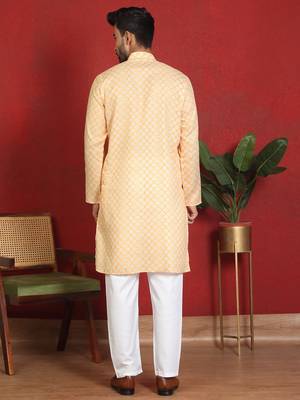 Cotton blend leaf printed knee length yellow kurta with elasticated pyjamas 3