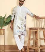 Leaf printed cotton blend straight green kurta with elasticated pyjamas