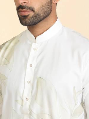 Leaf printed cotton blend straight green kurta with elasticated pyjamas 2