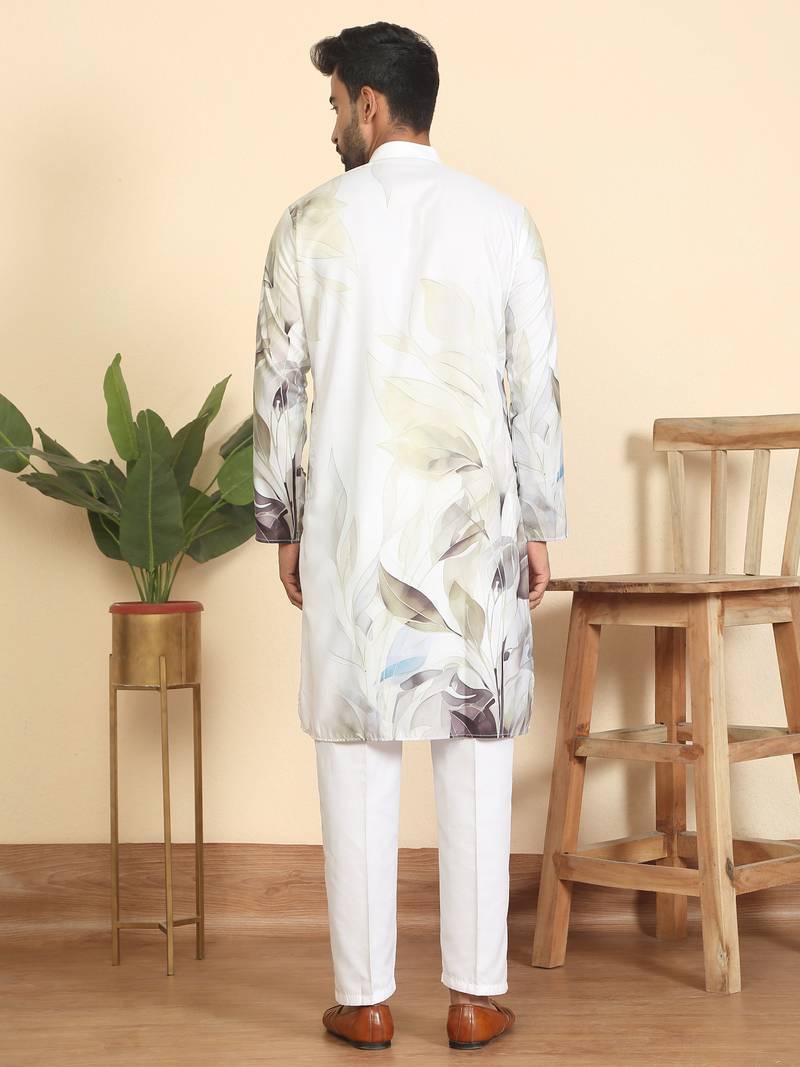 Leaf printed cotton blend straight green kurta with elasticated pyjamas