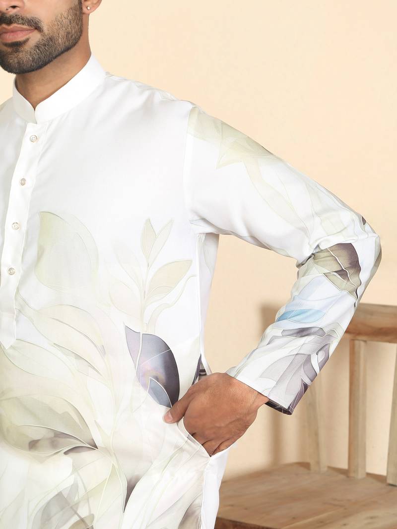 Leaf printed cotton blend straight green kurta with elasticated pyjamas