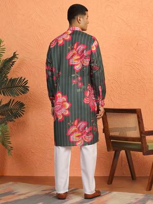 Floral printed green cotton kurta with pyjamas 3