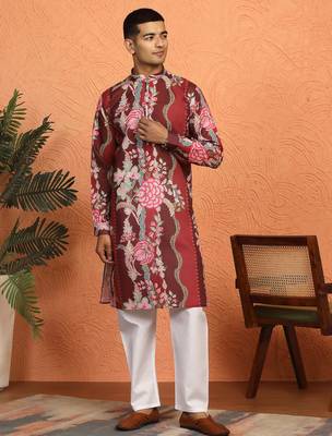 Floral printed maroon cotton kurta with pyjamas 1