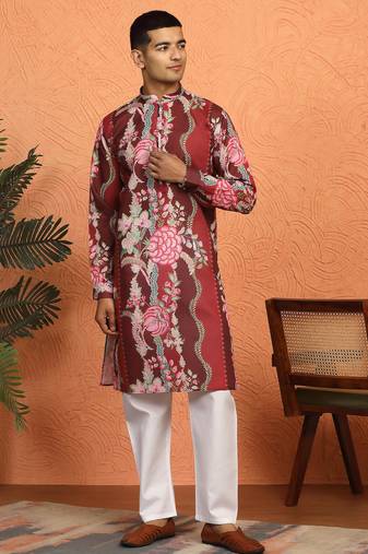 Floral printed maroon cotton kurta with pyjamas