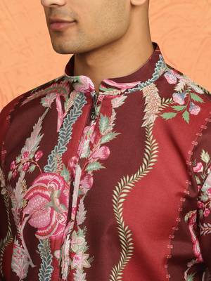 Floral printed maroon cotton kurta with pyjamas 2