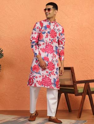 Floral printed pink cotton kurta with pyjamas 1