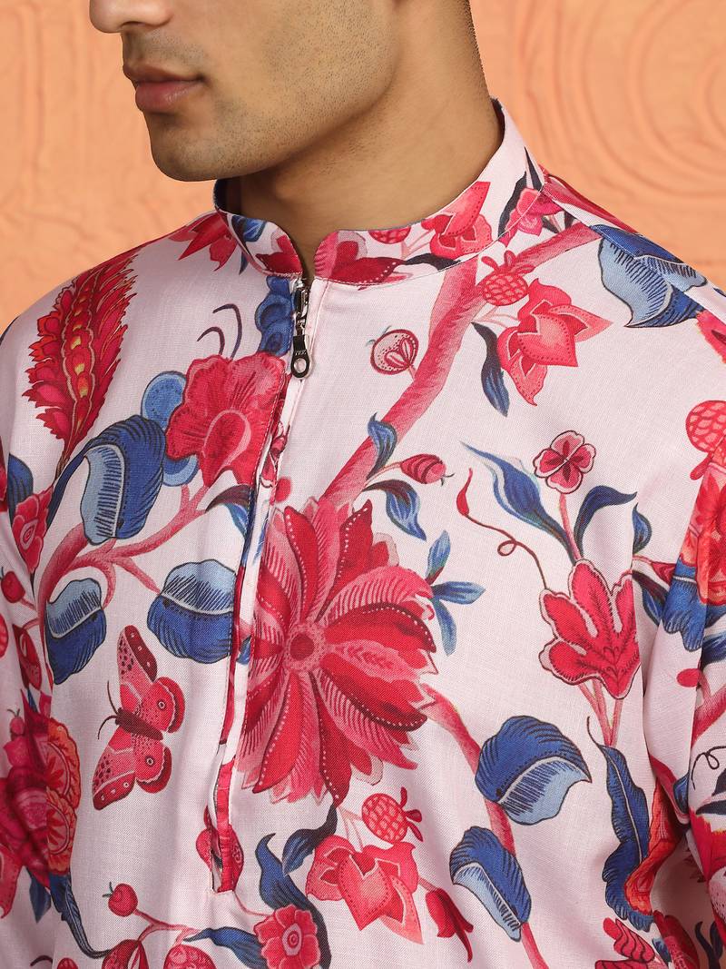 Floral printed pink cotton kurta with pyjamas