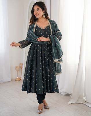 Teal crunchy silk blend gown set with jacquard chanderi dupatta 1