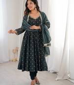Teal crunchy silk blend gown set with jacquard chanderi dupatta