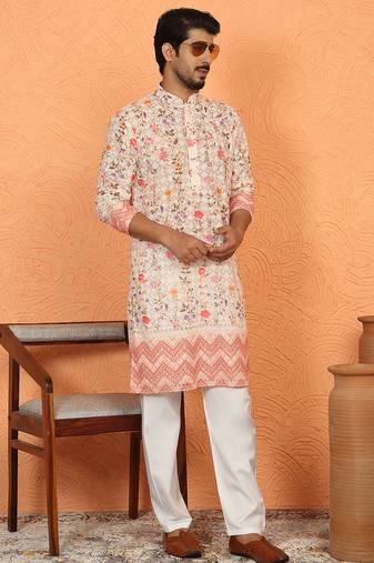 Cotton blend floral printed chikankari beige kurta with elastic pyjama