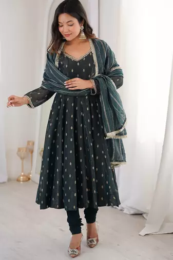 Teal crunchy silk blend gown set with jacquard chanderi dupatta
