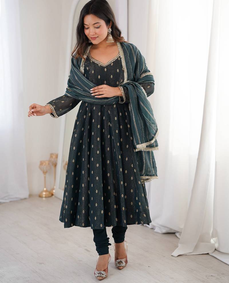 Teal crunchy silk blend gown set with jacquard chanderi dupatta