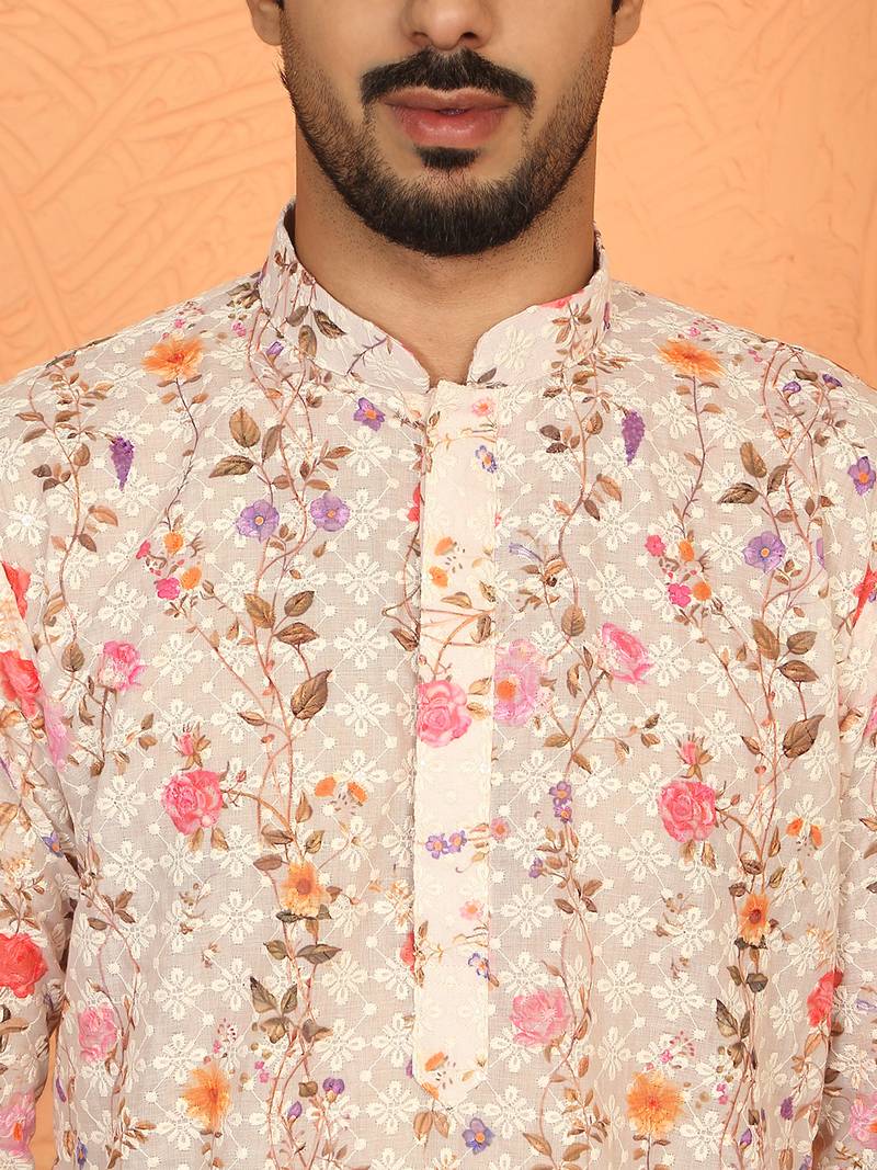 Cotton blend floral printed chikankari beige kurta with elastic pyjama