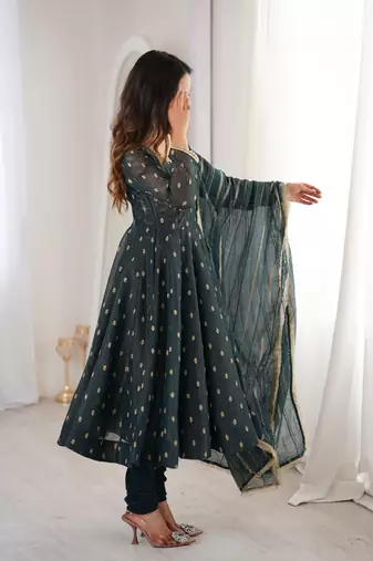 Teal crunchy silk blend gown set with jacquard chanderi dupatta
