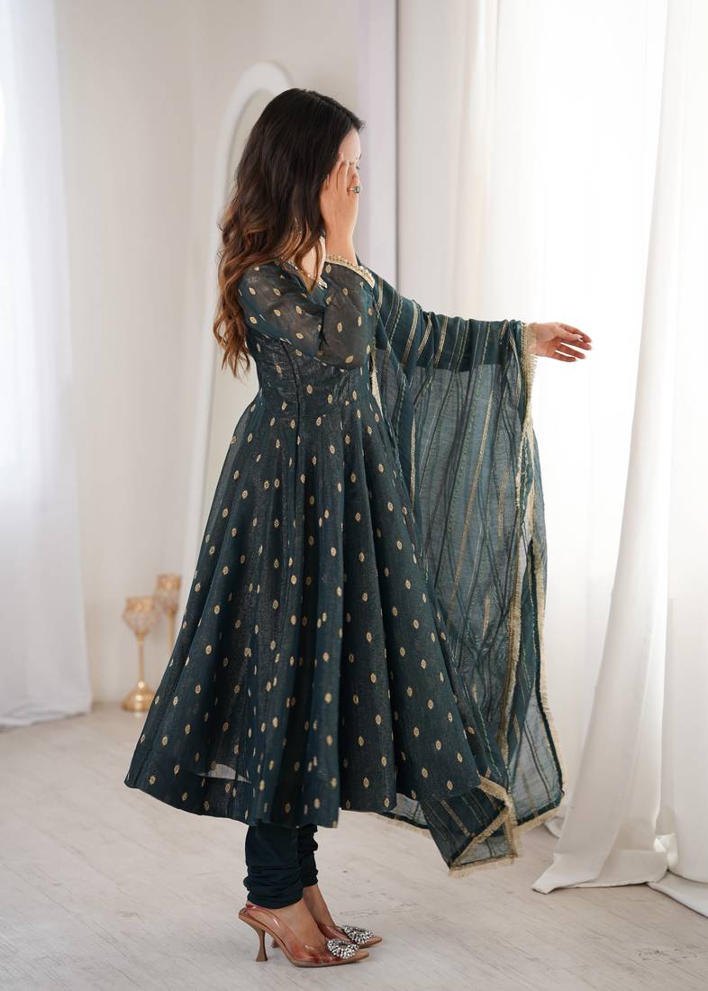 Teal crunchy silk blend gown set with jacquard chanderi dupatta
