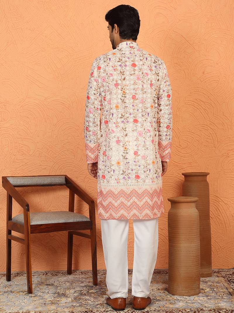 Cotton blend floral printed chikankari beige kurta with elastic pyjama