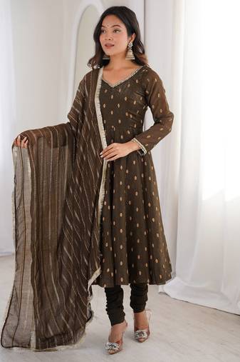 Brown crunchy silk blend gown set with jacquard chanderi dupatta