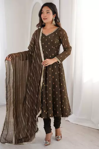 Brown crunchy silk blend gown set with jacquard chanderi dupatta