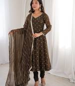 Brown crunchy silk blend gown set with jacquard chanderi dupatta