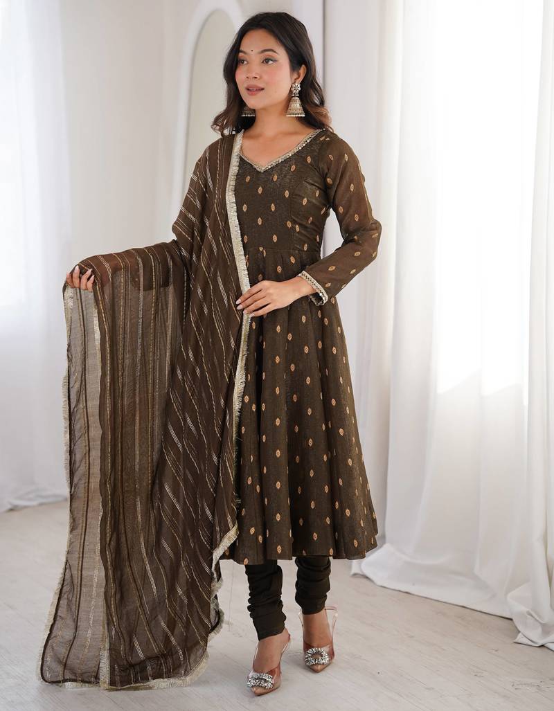 Brown crunchy silk blend gown set with jacquard chanderi dupatta