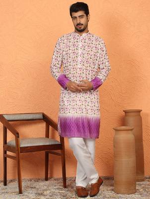 Cotton blend floral printed chikankari purple kurta with elastic pyjama 1