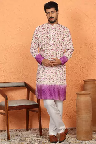 Cotton blend floral printed chikankari purple kurta with elastic pyjama