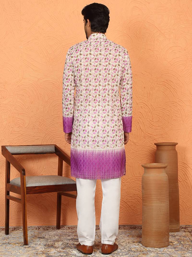 Cotton blend floral printed chikankari purple kurta with elastic pyjama
