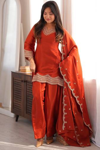 Orange glass roman silk blend farshi shalwar suit with embroidered dupatta