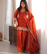 Orange glass roman silk blend farshi shalwar suit with embroidered dupatta