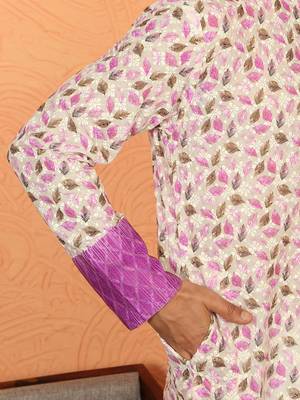 Cotton blend floral printed chikankari purple kurta with elastic pyjama 4
