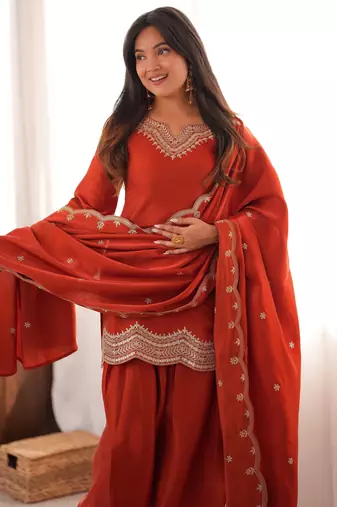 Orange glass roman silk blend farshi shalwar suit with embroidered dupatta