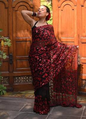 Black Color sequins And Embroidery Work  Faux Georgette Saree 1