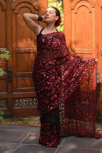 Black Color sequins And Embroidery Work  Faux Georgette Saree