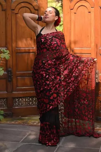 Black Color sequins And Embroidery Work  Faux Georgette Saree