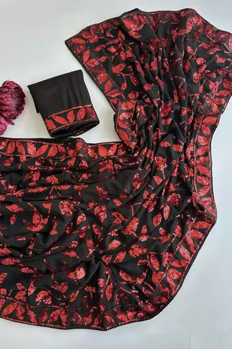 Black Color sequins And Embroidery Work  Faux Georgette Saree