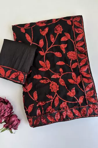 Black Color sequins And Embroidery Work  Faux Georgette Saree