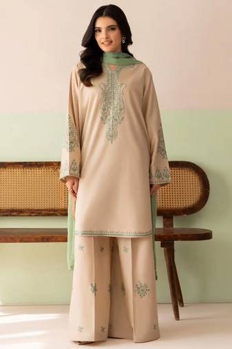 Ivory roman silk blend palazzo suit with embroidered georgette dupatta